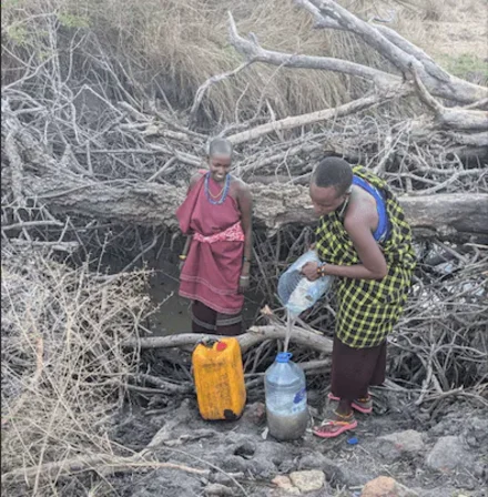 Maasai vrouwen halen water uit een lokale bron